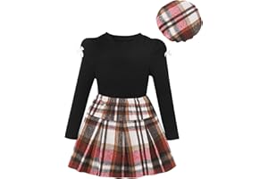 SODLON Girls Clothes Kids Fall Winter Outfits Puff Sleeve Top Girls Plaid Skirt Sets Casual Tween Girl Dresses Size 5-12Y