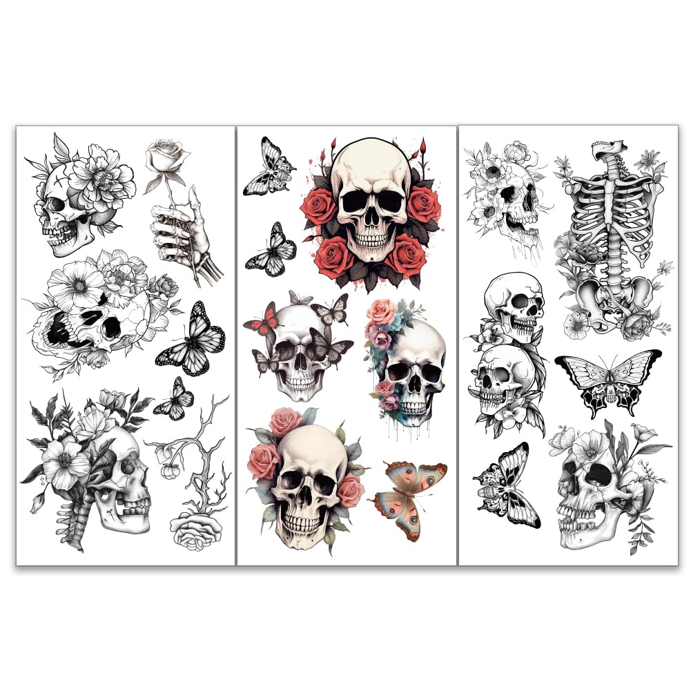 OLYCRAFT 3pcs/Set Skeleton Flower Rub on Transfers for Furniture and Crafts 15x30cm Butterfly Rose Decor Transfer Stickers Halloween Skull Rub on Decals for Wood Furniture Scrapbooking Home Decor