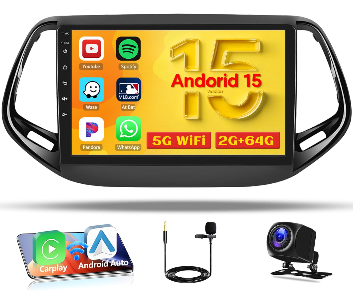 Photo 1 of 5G WiFi [2+64G] Hikity Android 15 Car Stereo for Jeep Compass 2017 2018 2019 2020, 9 Inch Touchscreen Radio Wireless Carplay Android Auto GPS Bluetooth Mirror Link FM/RDS/EQ SWC Backup Camera
