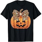 Pumpkin Leopard Coquette Bow Girly Women Girls Halloween T-Shirt