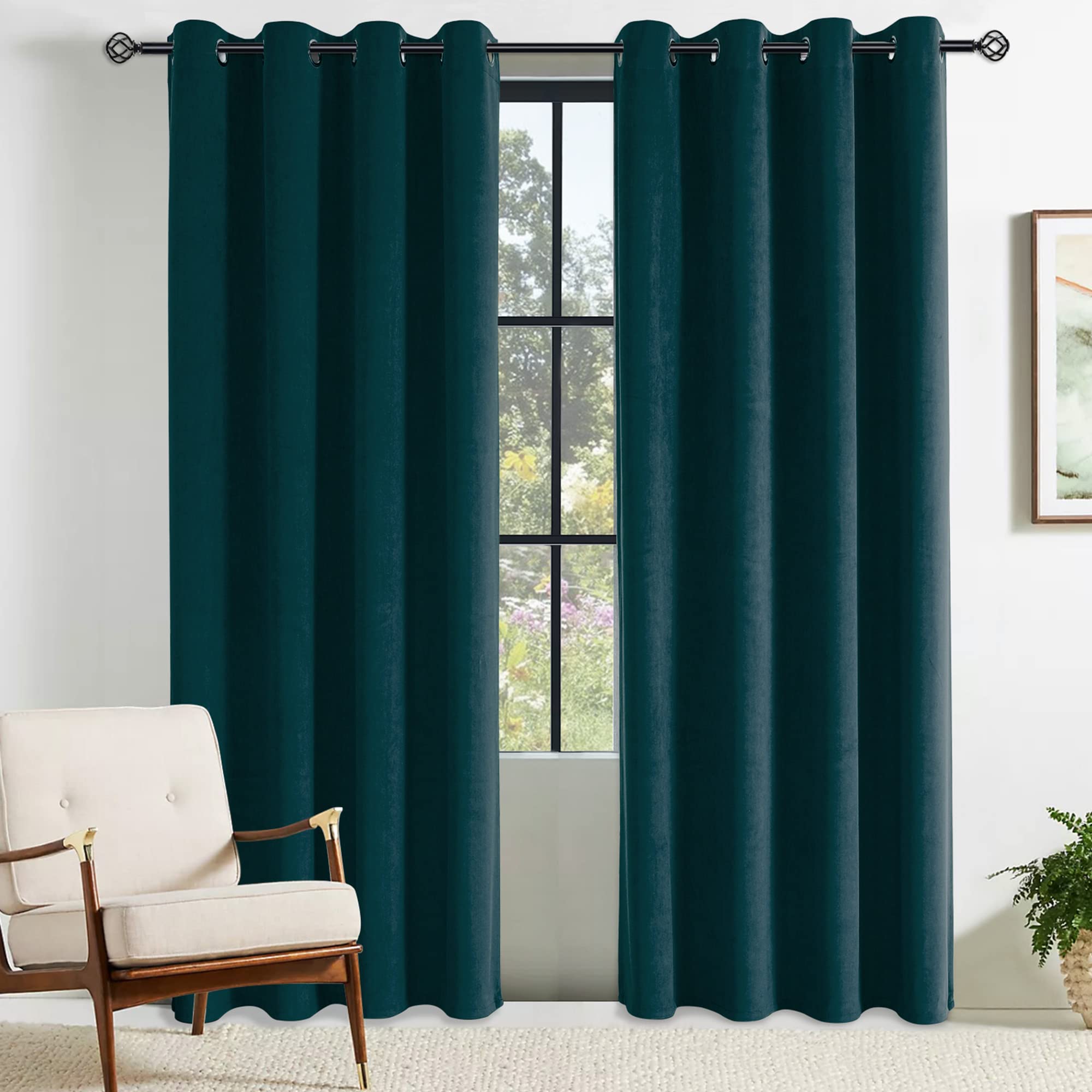 CUCRAF Thermal Insulated Velvet Curtains Eyelet Teal 2 Panels Ring Top - Soundproof Blackout Curtain for Kids Room and Living Room W55 x L88