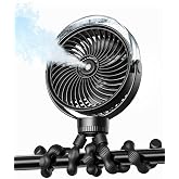 SWEETFULL Misting Stroller Fan &ndash; Portable Baby Fan with Spray Cooling, 4 Speeds, Quiet Rechargeable Fans for Travel, Outdoor, Golf Cart, Car Seat, Beach (Black)