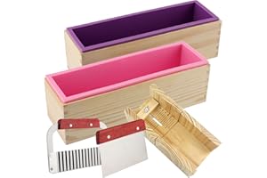 ZOENHOU 7PCS 42oz Soap Molds with Stainless Steel Wavy Slicer and Straight Slicer, Soap Loaf Bar Rectangular Silicone Soap Making Molds Kit with Wood Box DIY Tool Set for Soap Making Supplies