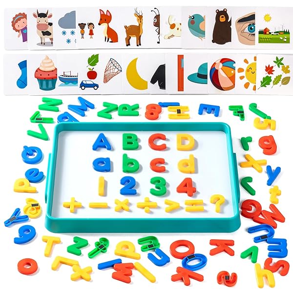 ODOORGAMES MAGNETIC TRAY WITH 95 MAGNETIC LETTERS & 36 ALPHABET FLASH CARDS – KIDS DRY ERASE BOARD, MAGNETIC BOARD FOR KIDS & CLASSROOM LEARNING TOOL (CYAN)