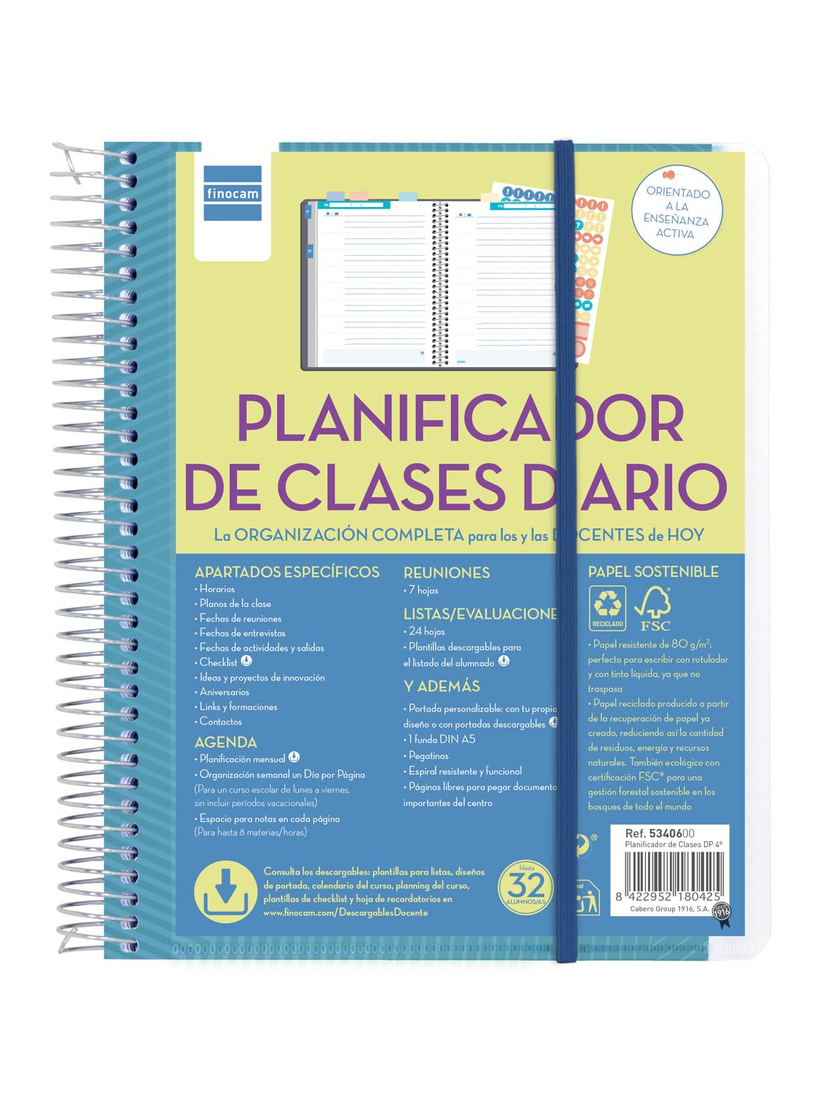 Finocam - Teaching Diary Class Planner | Space for 8 Daily Classes | 24 Sheets of Lists and Assessments | Includes Stickers and Two Transparent Covers, 4th (155x212mm), Medium | Español