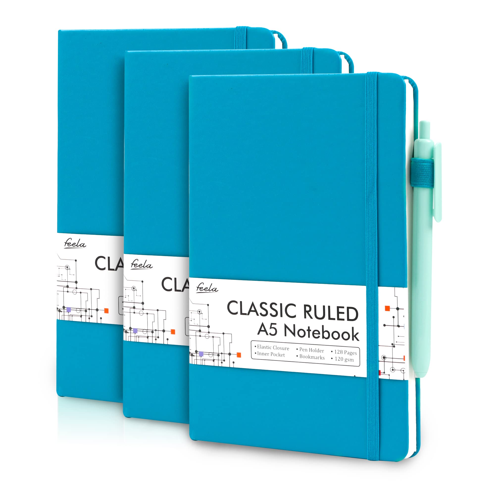 feela A5 Notebooks Multipack, 3 Pack Ruled Lined Notepads A5 (120 GSM), Hardback Journal Notebook with 3 Black Gel Pens for Work, Study, Journaling, Note Taking, 128 Pages/Pack, 21 x 13 cm, Teal