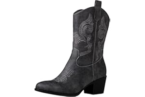 GLOBALWIN Women's Mid Calf The Western Cowgirl Boots Fashion Cowboy Boots For Women Chunky Low Heel