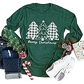 Merry Christmas Tshirt for Women Plaid Christmas Trees Graphic Tee Tops Casual Long Sleeve Xmas Shirt Blouse