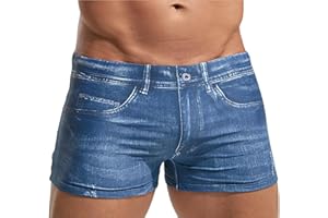 FEOYA Men’s Denim Print Swim Briefs Square Leg Swimsuits Quick Dry Swim Boxer Shorts Mens Drawstring Swimwear