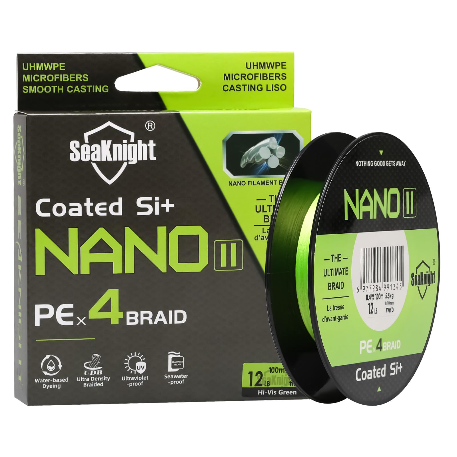 Seaknight NANO II 4 Strands Braided Lines 100M Smooth PE Braid Multifilament Wire Carp Fishing Lines Double Coating UV-proof Saltwater-proof Fishing Line for Sea Fishing Ultralight 7-15LB