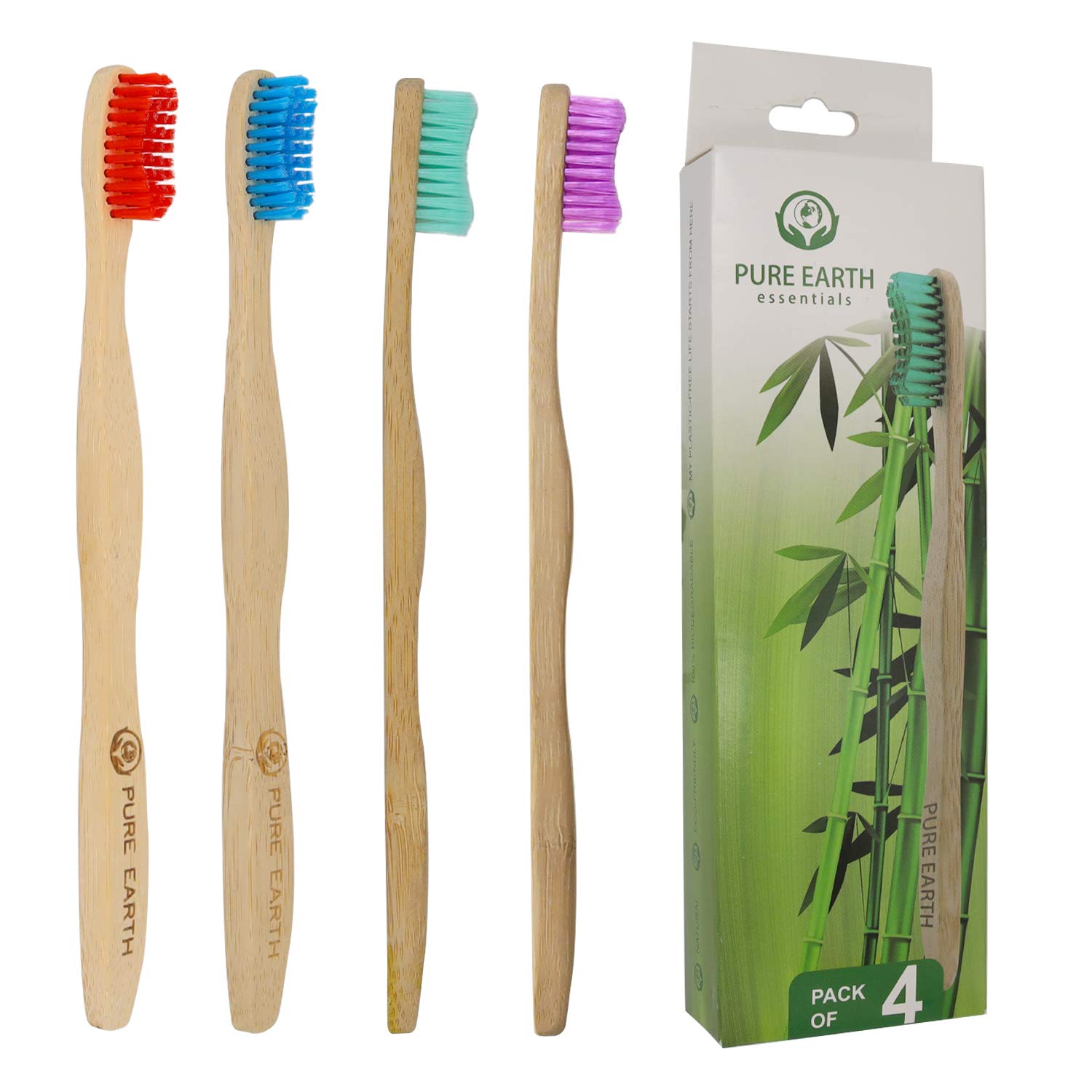 Natural Wooden Bamboo Toothbrushes for Adults - Sustainable Eco Friendly Toothbrush Soft Bristles - Natural Bamboo Toothbrush Biodegradable Handle (Pack of 4, Assorted Colors) by Pure Earth Essentials