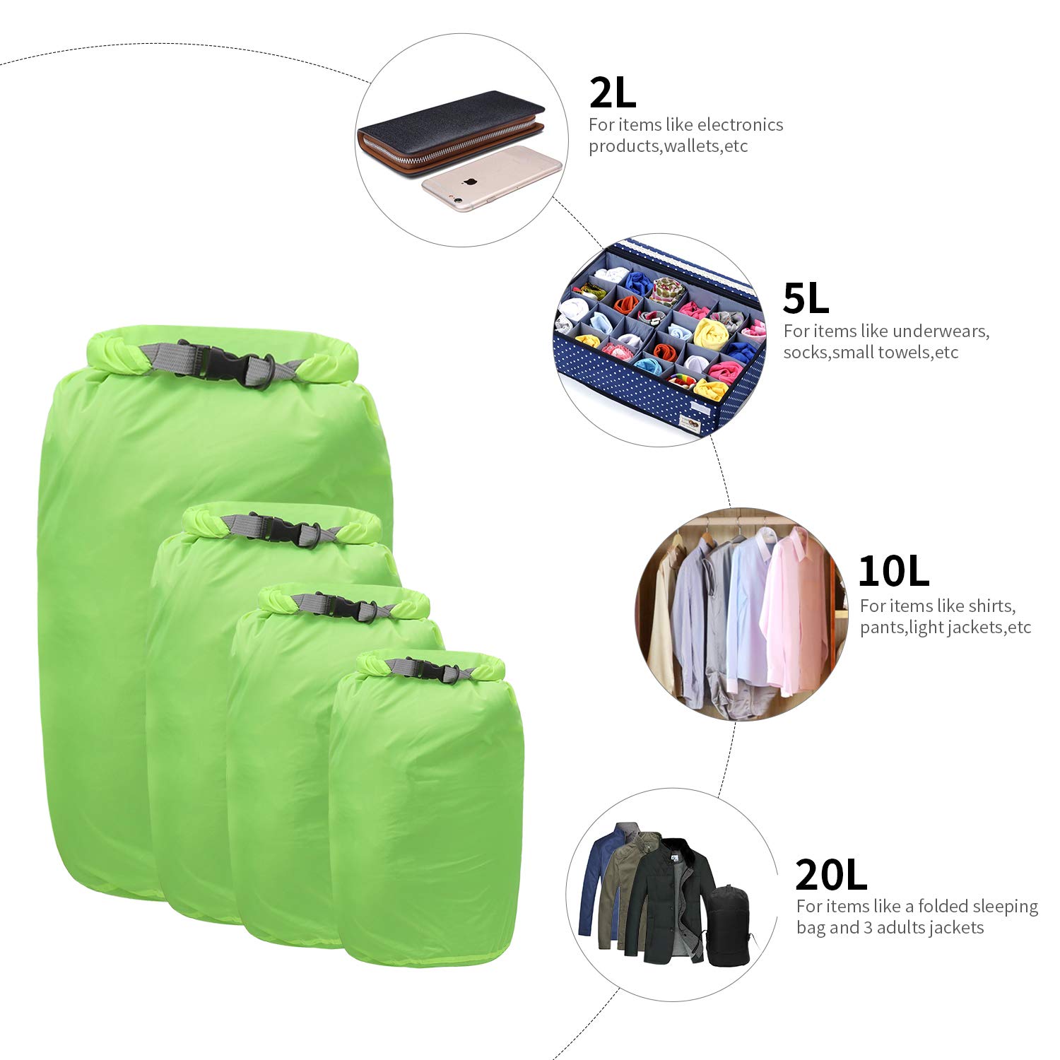 iOutdoor Products Borsa Impermeabile 2L/5L/10L/15L/20L/30L, Sacco a Compressione Dry Roll Top, Perfetto per Kayak/Canottaggio/Spiaggia/Pesca/Rafting/Nuoto/Camping/Snowboard (Green, 2L)