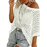 Chvity Women's Summer Crew Neck Short Sleeve Sweater Casual Off Shoulder Tops Hollow Out Crochet Coverups Pullover Knit Tops