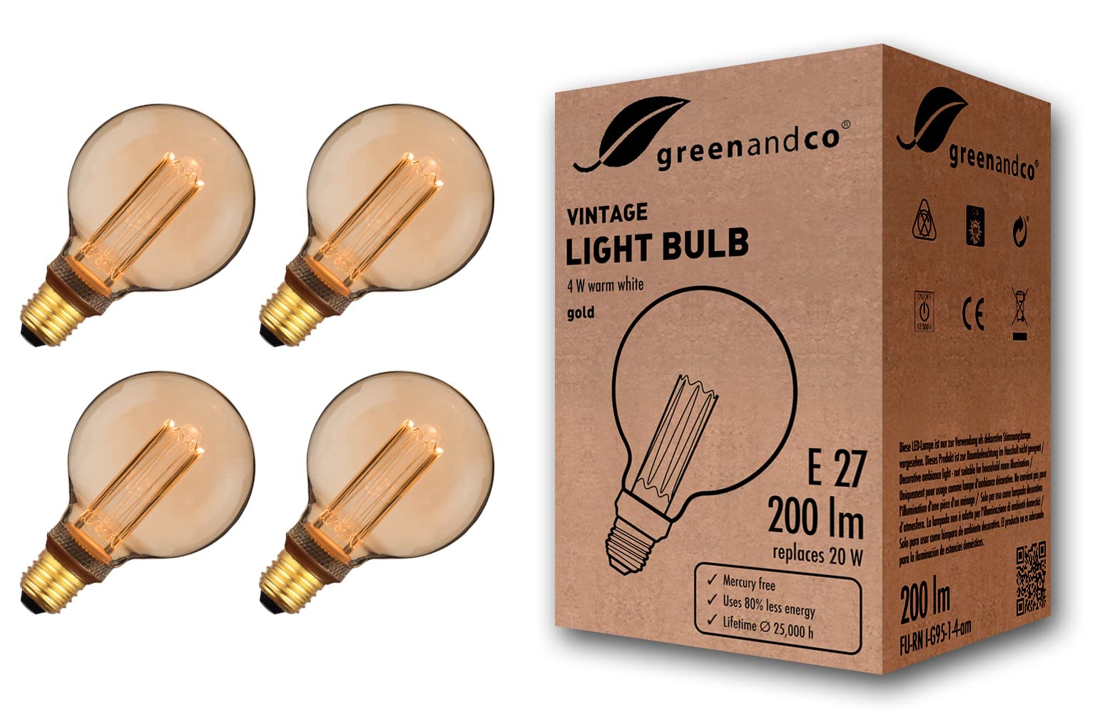 greenandco 4X Decorative LED Vintage Light Bulb | E27 G95 | Amber | 4W 200lm | 1800K Extra Warm White | 320° | 230V | Flicker Free | Not Dimmable