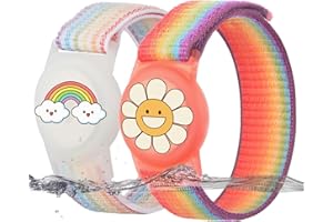 WAGTUNE Nylon AirTag Bracelet for Kids 2 Pack Wristband with Cute Cartoon Pattern Compatible with Apple Air Tag Anti Lost Watch Bands for Child(Rainbow)