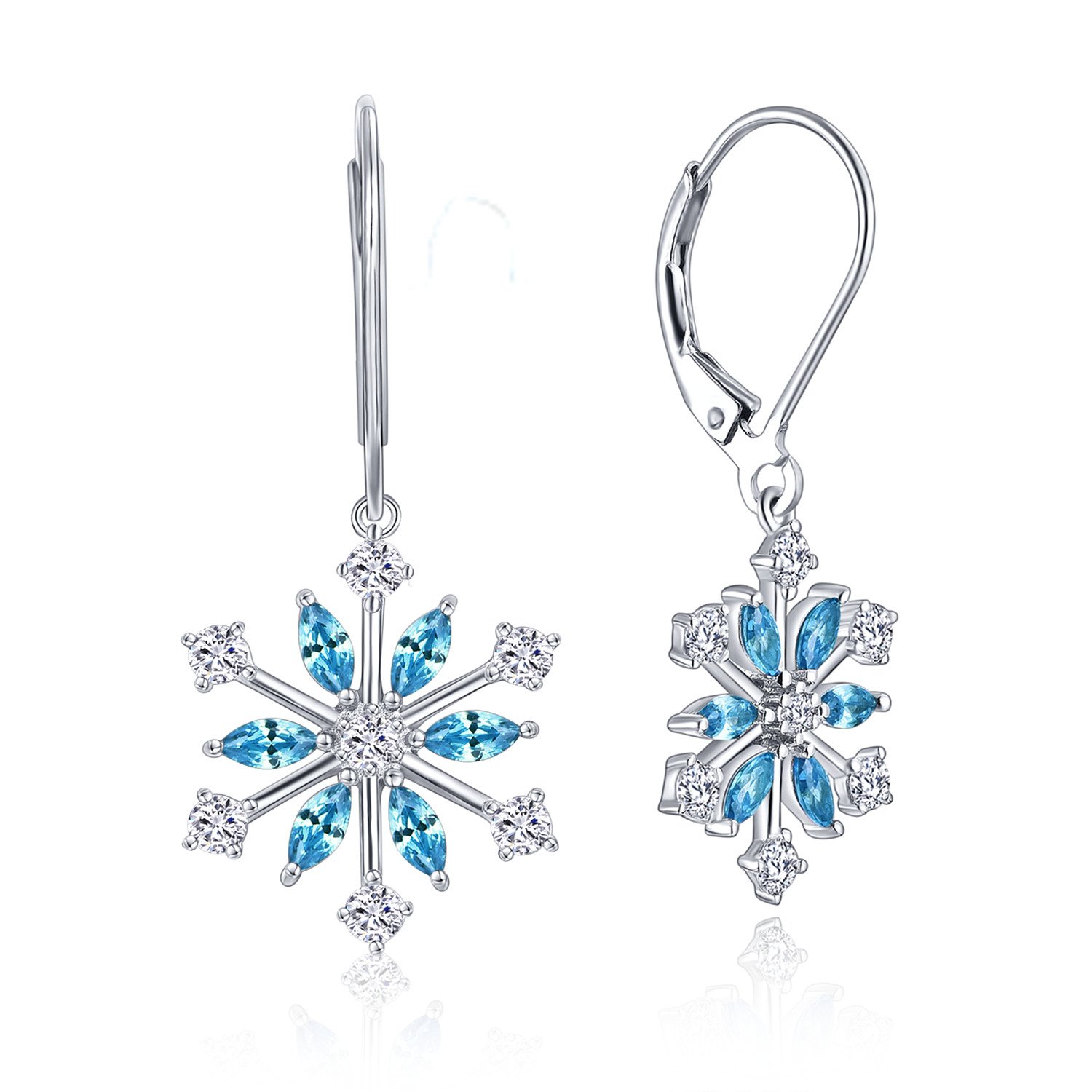 JO WISDOM Snowflake Earrings,925 Sterling Silver Cubic Zirconia March Birthstone Aquamarine Color Snowflakes Drop Earrings,Jewellery for Women — image 1