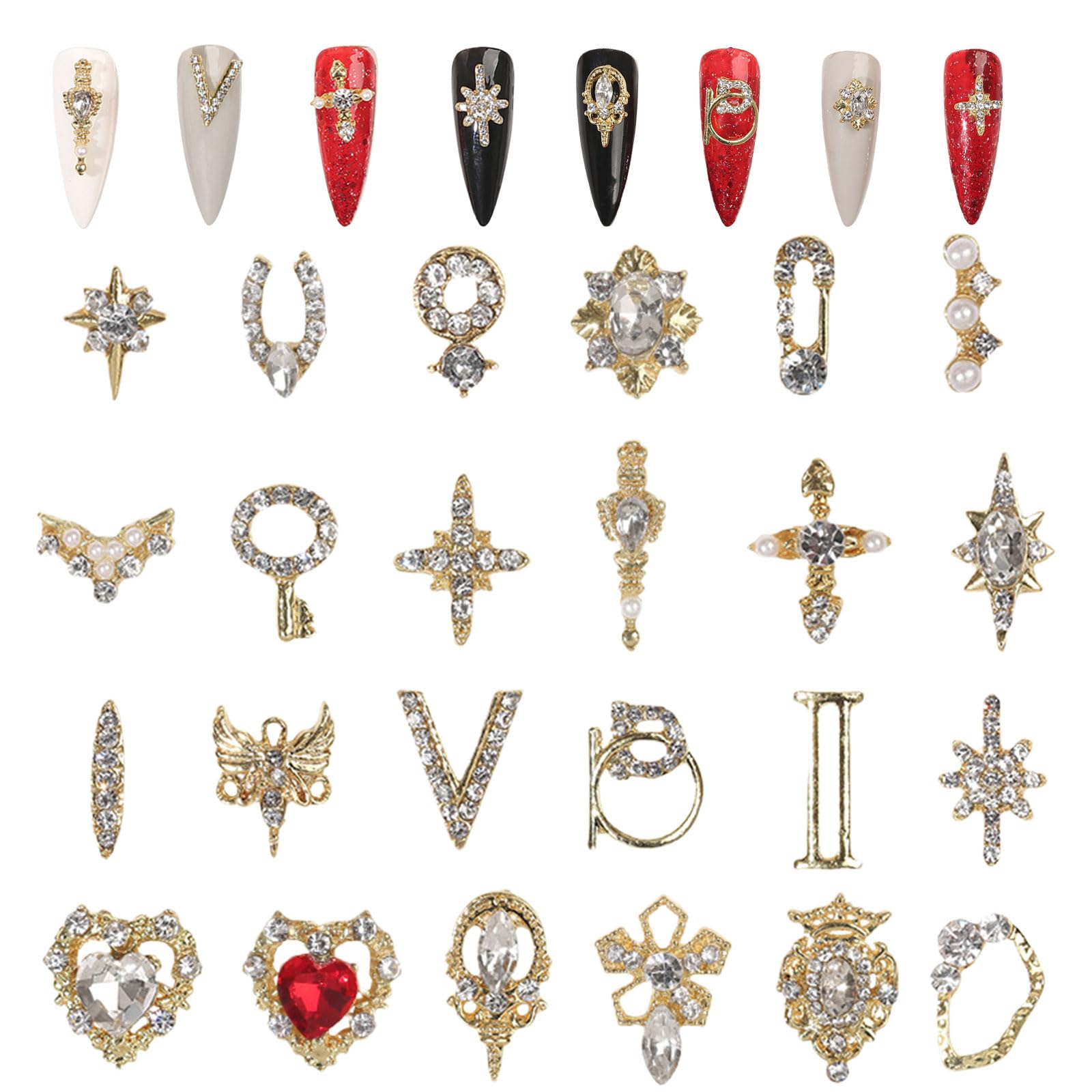 3D Nail Charms, 24 Pcs Shiny Nail Rhinestones Gems Heart Cross Nail Art Charms Gold Metal Nail Jewelry Luxury Crystal Nail Art Decoration for Nail Design DIY Crafts (Gold)