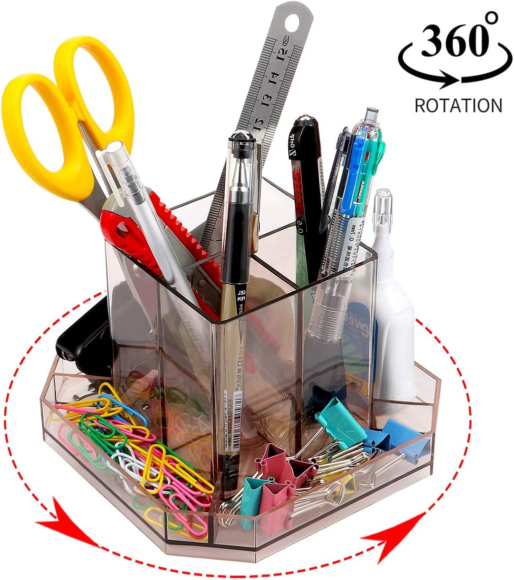 URbantin Rotating Acrylic Desk Organizer Caddy, Spinning Desk Sorter Pens Pencil Holder for Desk Tidy, Plastic Carousel Make Up Brush Storage (Brown)