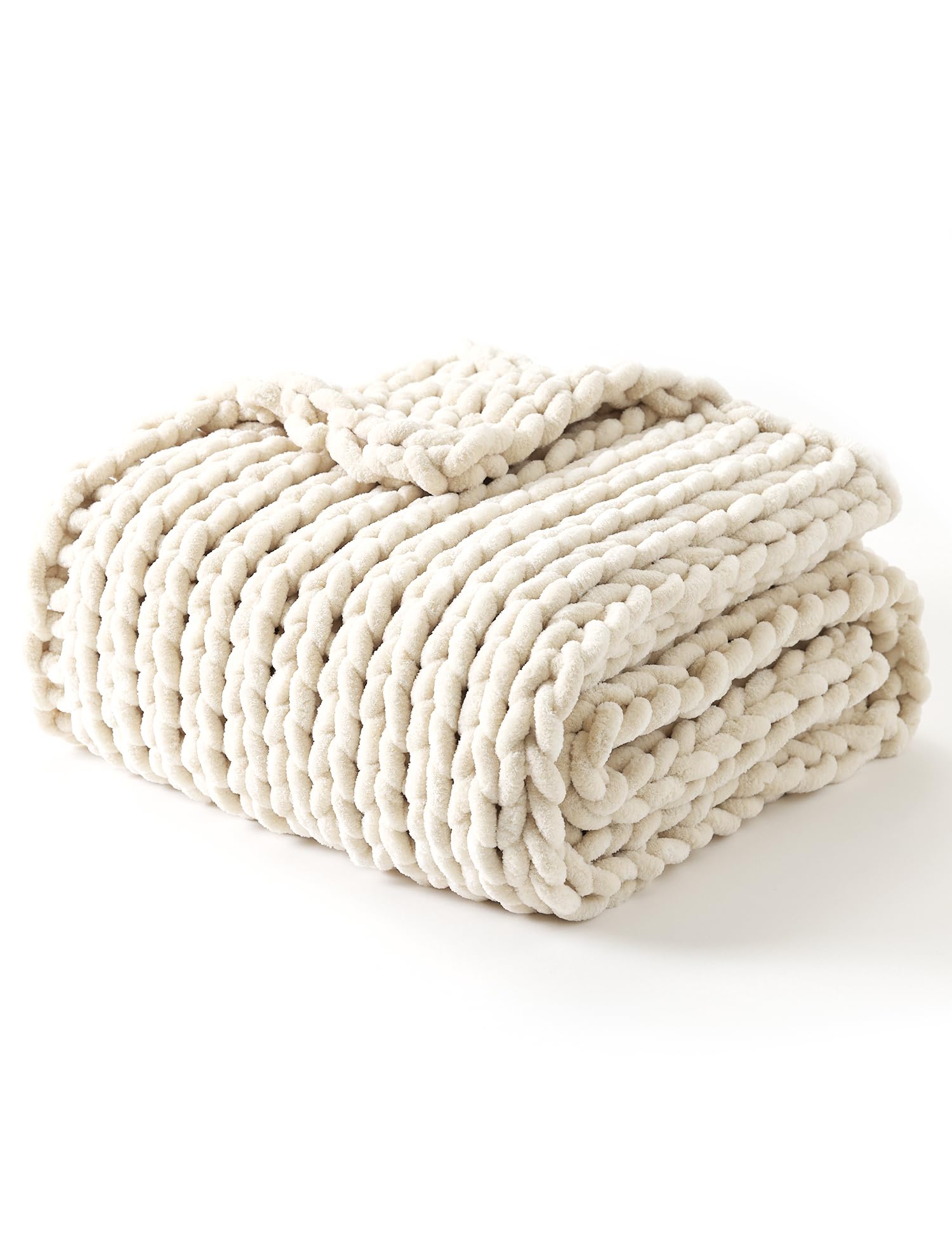 Photo 1 of YnM Chunky Throw Blanket, Medium-Weight, Hand Knitted with Chenille Yarn, Skin Friendly, Ventilated and Breathable, Machine Washable, Home Décor Piece for Couch Sofa and Bed (Butter Cream, 80x87 Inch)