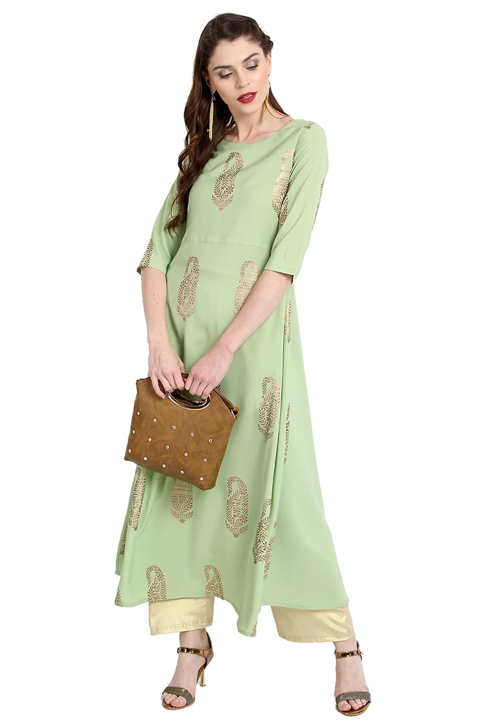 janasya women's crepe a-line gold foil print kurta