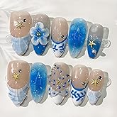 Blue Flower Press on Nails Medium Almond Handmade Fake Nails with Pearl Gold Starfish Gems Design 3D Ripple False Nails Full Cover Artificial Glue on Nails Summer Stick on Nail for Women DIY 10Pcs