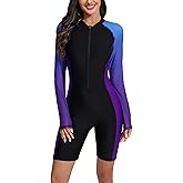 Halcurt Women's Boyleg One Piece Rash Guard with Built in Bra Zip Front UPF50+ Long Sleeve Full Body Surfing Swimsuit