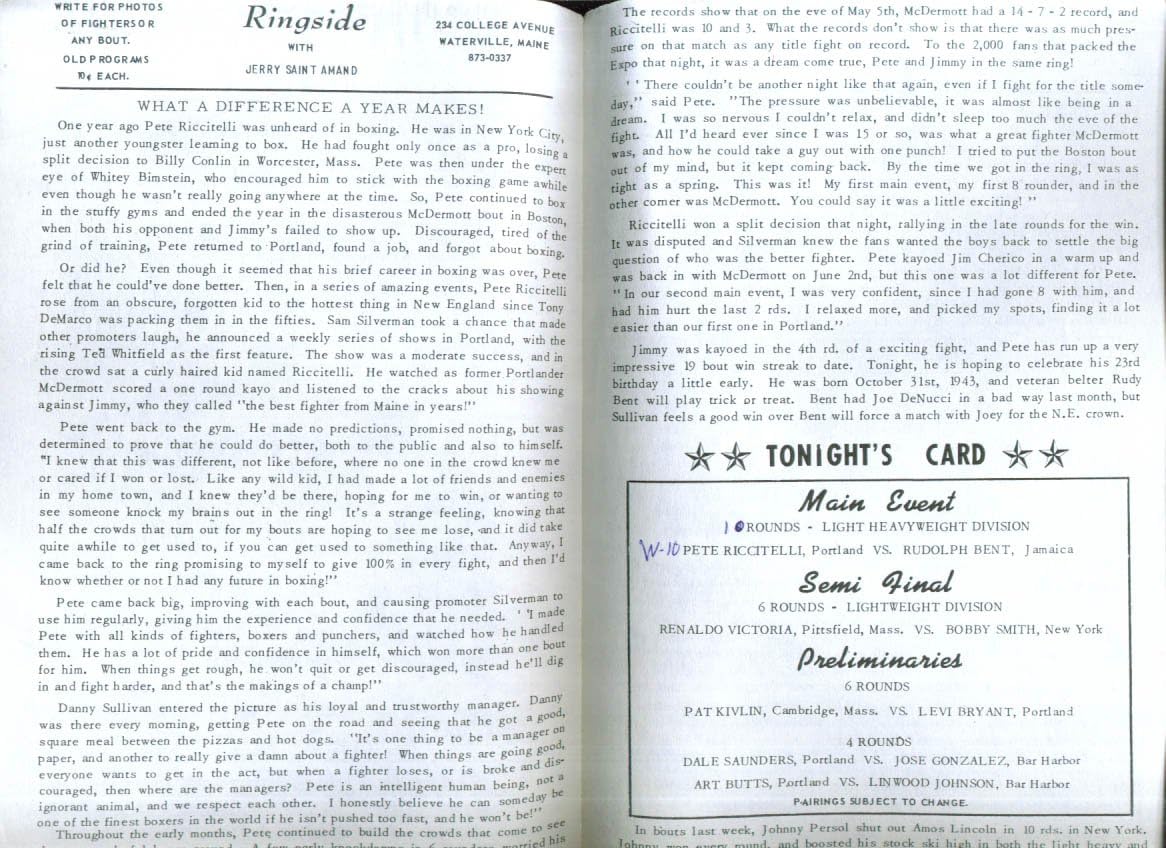Pete Riccitelli V Rudolph Bent Boxing Program 10 27 1966 At Amazon S Entertainment Collectibles Store