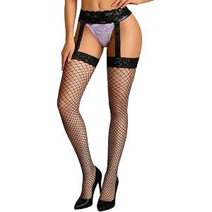 Avidlove Fishnet Stockings for Women Lace Garter Belt and Thigh Highs Set | Suspender pantyhose, stretchy and comfy，thigh hig
