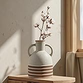 Yokiiimakiii Ceramic Rustic Farmhouse Vase with Handles, 6.9 inch Vintage Stripe Terracotta Vase, Pottery Decorative Flower Vase, Boho Clay Vases for Home Decor, Shelf, Table, Living Room, Mantle
