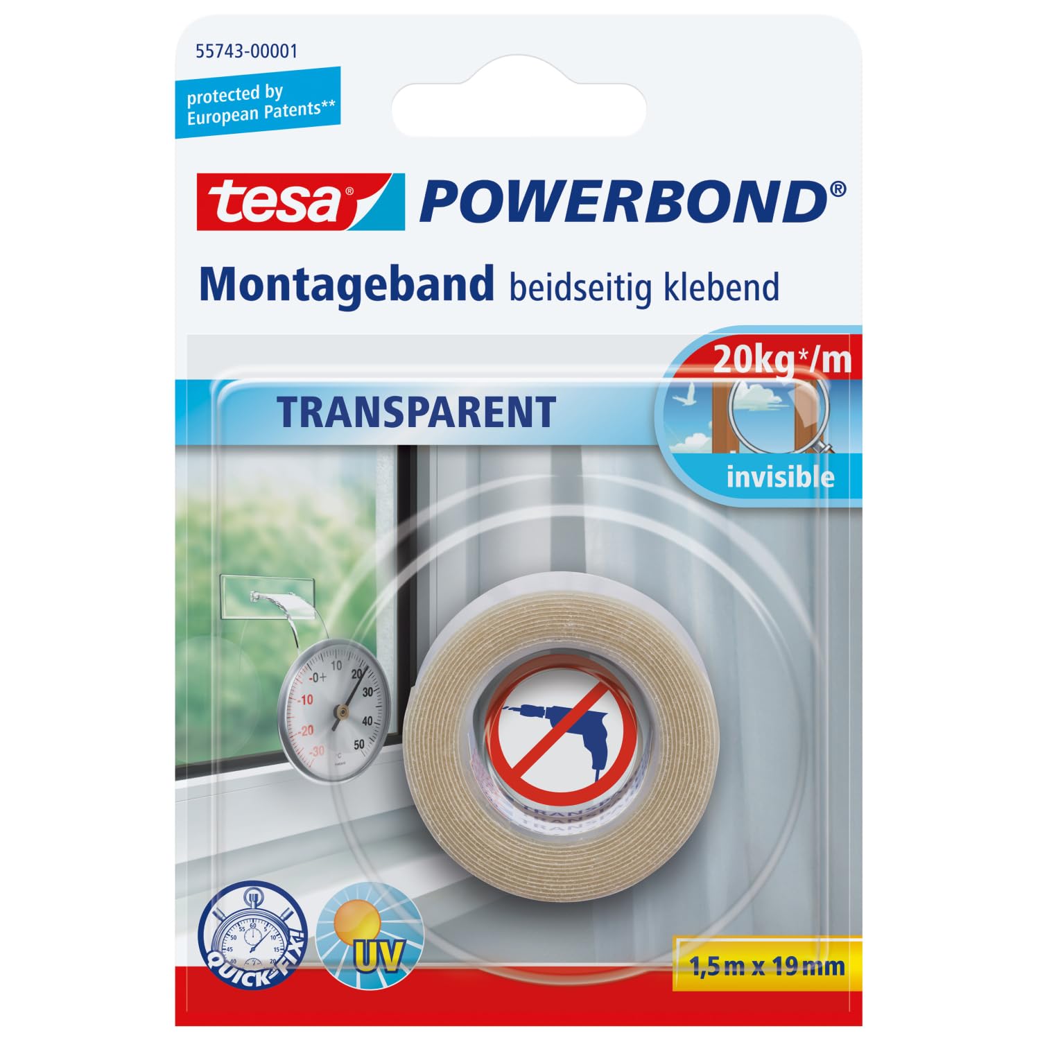 Tesa Powerbond Double Sided Mounting Tape - Transparent/Clear 1.5 m x 19 mm 55743-00000-02