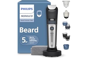 Norelco Philips Beard Trimmer 7000 Series, 100% Waterproof Trimmer for Men, 40 Lock-in Hair Length Settings, BeardSense Power Adaptability, Detail & T-Blade Trimmer Heads, Charging Stand, BT7670/40