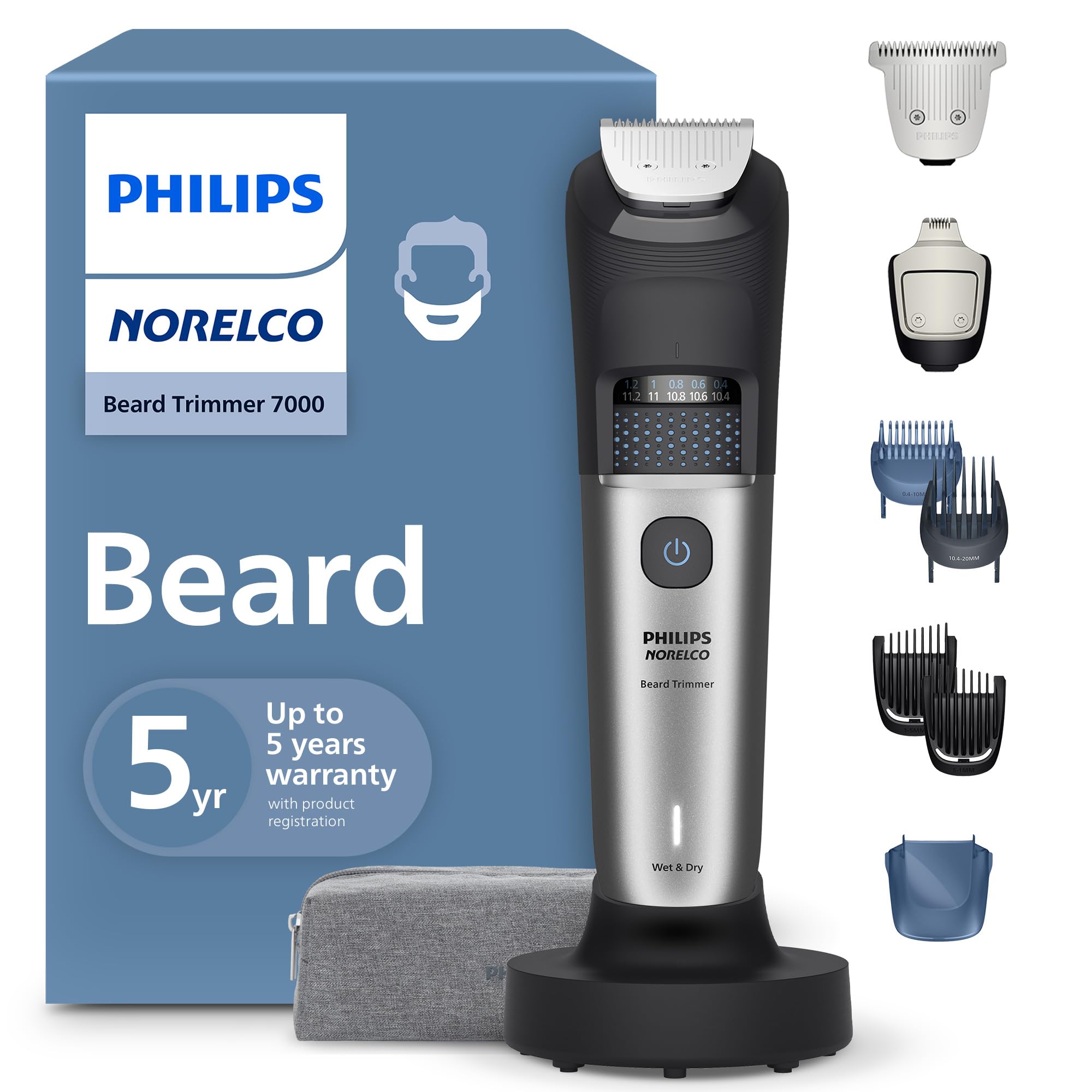 Photo 1 of Norelco Philips Beard Trimmer 7000 Series, 100% Waterproof Trimmer for Men, 40 Lock-in Hair Length Settings, BeardSense Power Adaptability, Detail & T-Blade Trimmer Heads, Charging Stand, BT7670/40