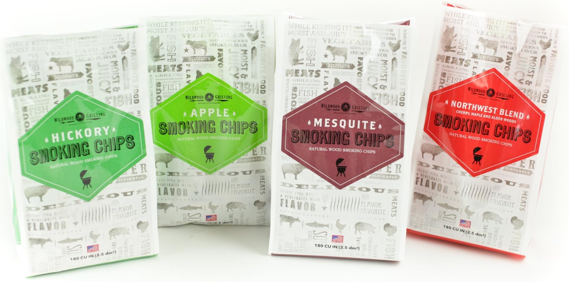 Wildwood Grilling Smoking Chip Variety Pack (4 Bags): Hickory, Apple, Mesquite, and Northwest Blend Wood Flavors for Charcoal Grills, Smokers or Gas Grills