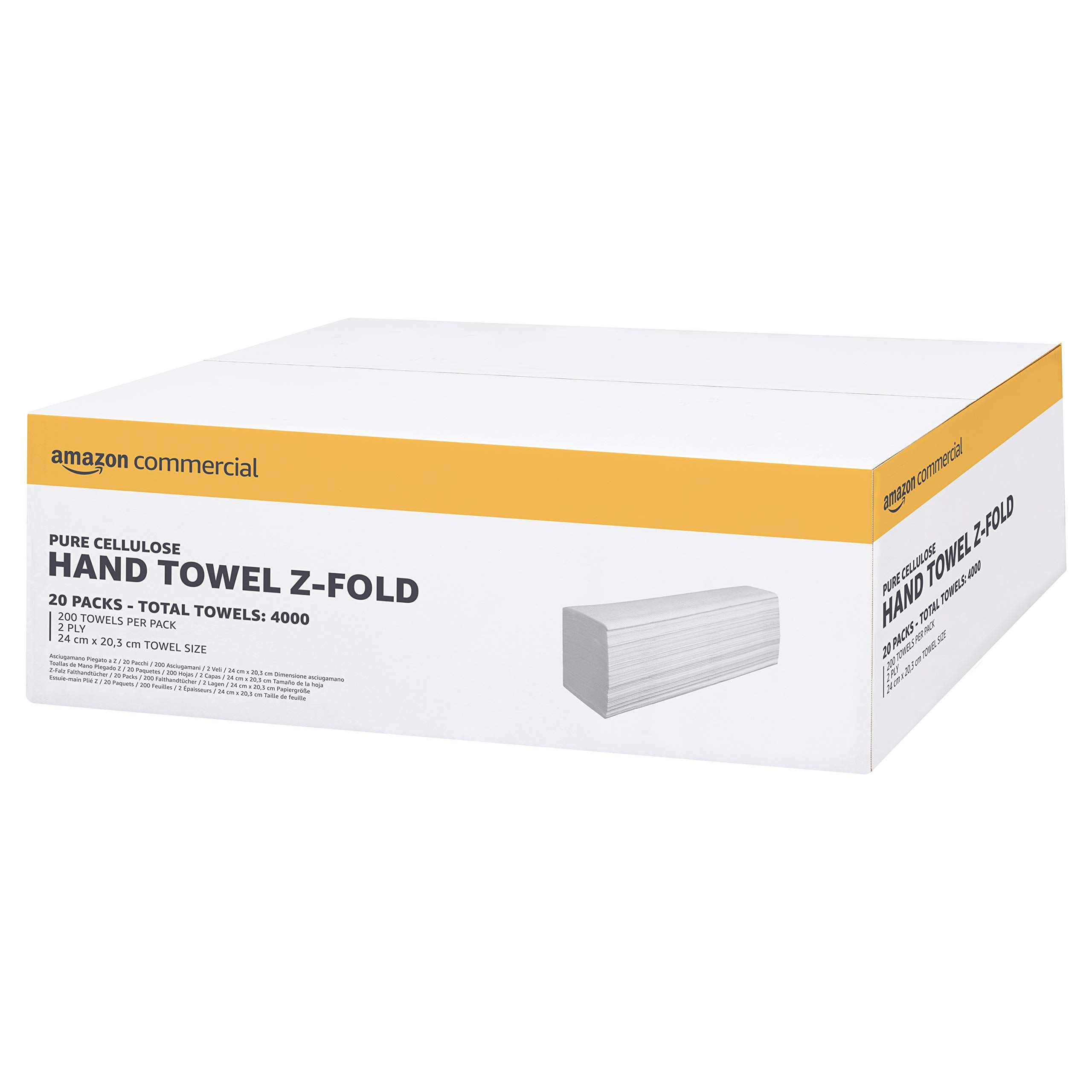 AmazonCommercial Multifold (Z-Fold) Paper Hand Towels, 2-ply Cellulose, 4000 Sheets (20 packs of 200), Sheet Size: 24 x 20.3 cm, H2 Dispenser Compatible