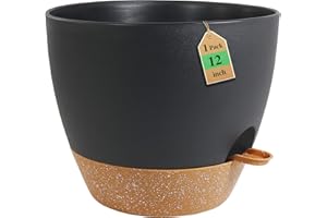 WSMKSZ 12 inch Large Self Watering Pots, Flower Plant Pots with Drainage Holes for Indoor Outdoor Garden Plants, Plastic Planters with Removable Deep Reservoir, Black with Brown