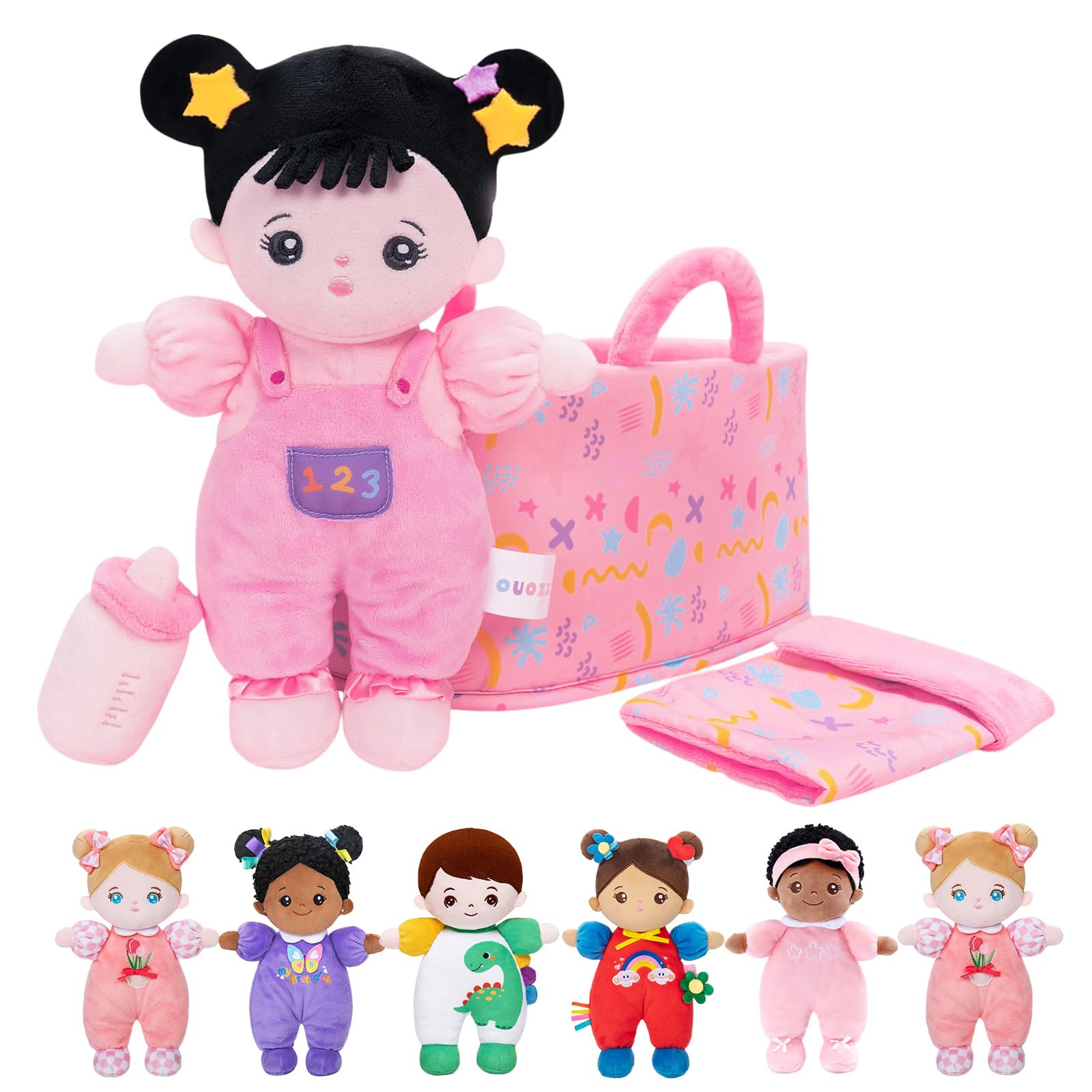 OUOZZZ Baby Soft Doll with Carrying Case and Accessories, Pink, 25cm, Soft Cloth Black Hair, Cuddly for Children from 3 Months - Baby Gift for Boys and Girls — image 1