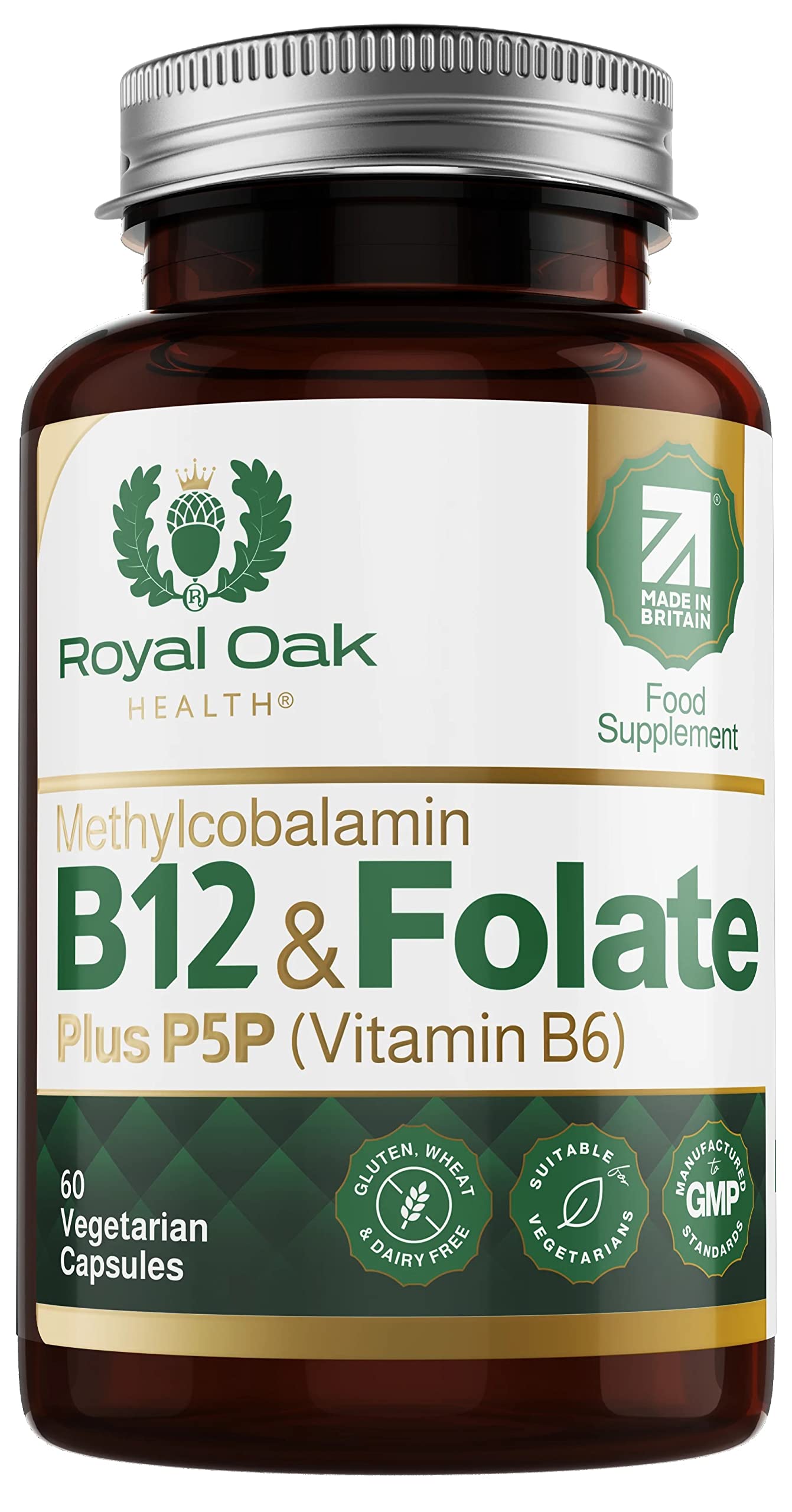 Royal Oak Health Vitamin B12 & Methyl Folate Supplement with P5P Vitamin B6 (60 Capsules / 2 Month Supply) Active Form 400μg l-Methylfolate Folic Acid, Vitamin B6, B9 & B12 Vitality Formula. UK Made
