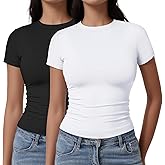 YOGINGO 2 Pack Womens Basic Short Sleeve Crew Neck T Shirt Slim Fit Tee Clothes Summer Y2k Going Out Crop Tops Tight Shirts