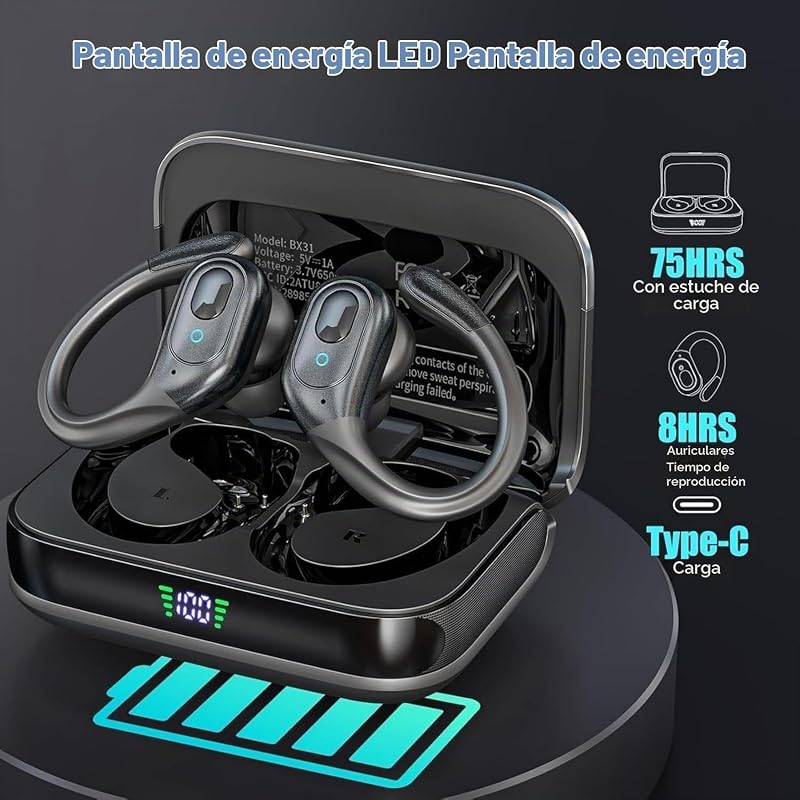 Auriculares inalámbricos Bluetooth 5.4, Earbuds de cancelación de Ruido con Tiempo de reproducción de 75 Horas, Pantalla de alimentación led, Auriculares Impermeables IPX7 — foto 2 de 7
