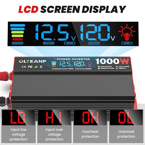 1000W Car Power Inverter - 12V To 110V With LCD Display, 2 AC Outlets & USB Ports