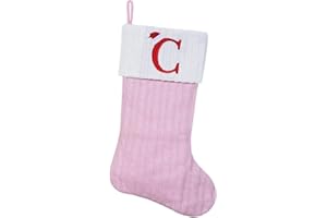 Shgngle Pink Knit Christmas Stockings Personalized, 19.5 Inches Embroidered Letter Christmas Stocking for Holiday Decorations and Xmas Gift(Initial C)