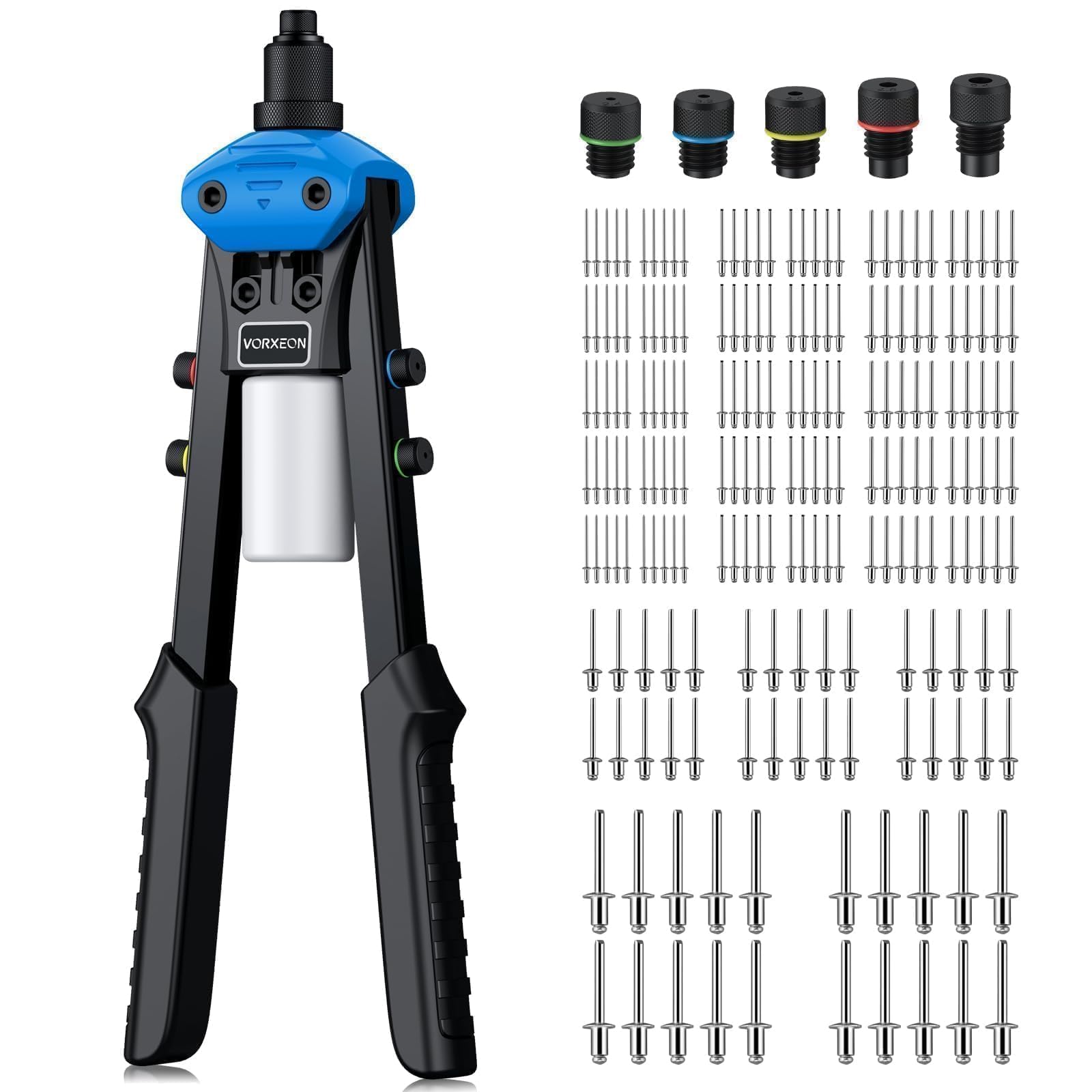 VORXEON 13" Heavy Duty Hand Riveter Tool Kit Professional Pop Rivet Gun with 200Pcs Rivets 3/32" 1/8" 5/32" 3/16" 1/4" for Furniture Car Trailer Boat