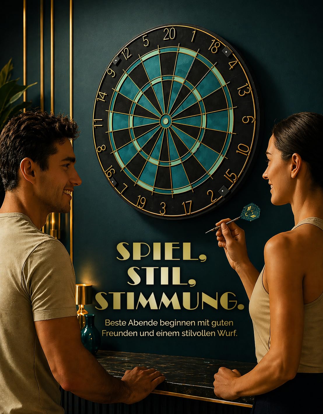 Dartscheibe Dartboard Sisal Professionell Türkis mit Goldener Zahlenring & Pfeilen - Profi Steeldartscheibe - Dart Scheibe Target mit 6 Dartpfeilen Metallspitze golddart Flight Barrels shafts schäfte 7