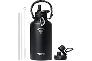 Topre Half Gallon Water Bottle,64oz Insulated Water Bottle Stainless Steel Vacuum, Cold for 48 Hrs,BPA-Free & Leakproof -with Handle,Straw Spout Lids,Big Flask Jug for Gym Sports,Black without Pouch