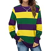 Womens Mardi Gras Shirt Stripes Fat Tuesday Tee Shirt Sequin New Orleans Carnival Party Long Sleeve Top