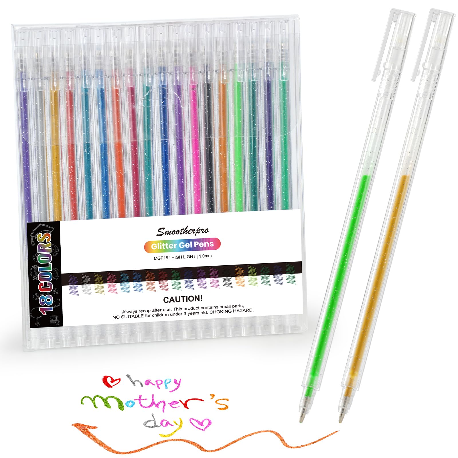 SMOOTHERPRO Metallic Gel Pens | Set of 18 | Glitter Colored Pen | for Coloring Books Cards Journaling Crafting Drawing Writing (MGP18) | 1.0mm Tip | 18 Colors