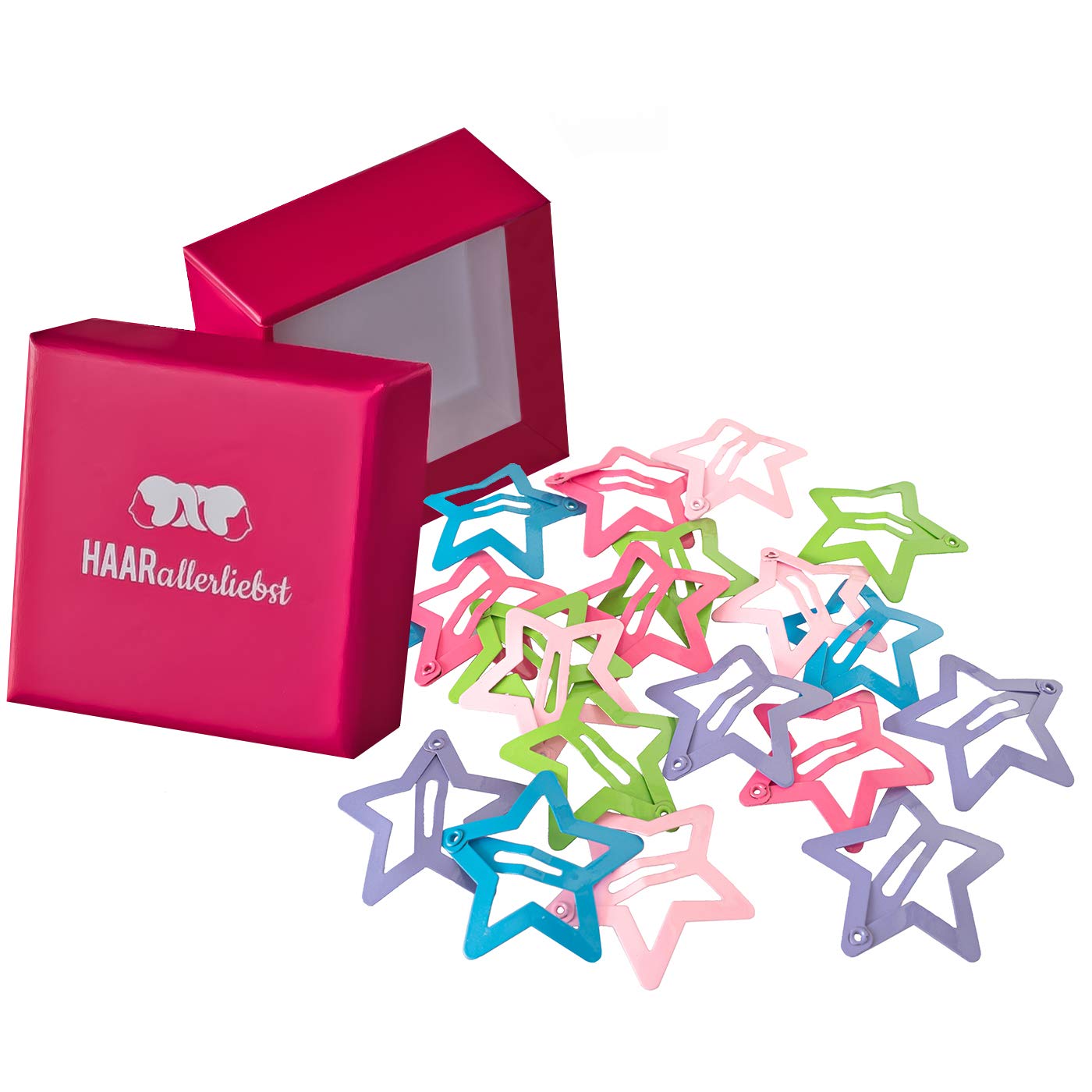 HAARallerliebst Small Stars Hair Clips (Pack of 20) Colourful 3 cm for Girls with Storage Box (Box Colour: Pink)