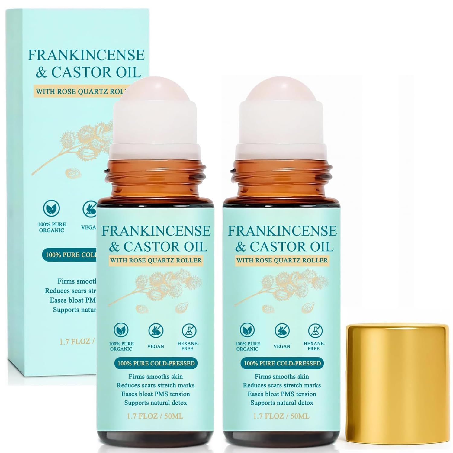 View 1 of 2 Pcs Frankincense and Castor Oil Rose Quartz Roller – Organic Cold-Pressed Castor Oil Roll-On with Removable Rose Quartz | Firms Smooths Skin, Brightens Eyes, Reduces Scars Stretch Marks(1.7FLOZ * 2)