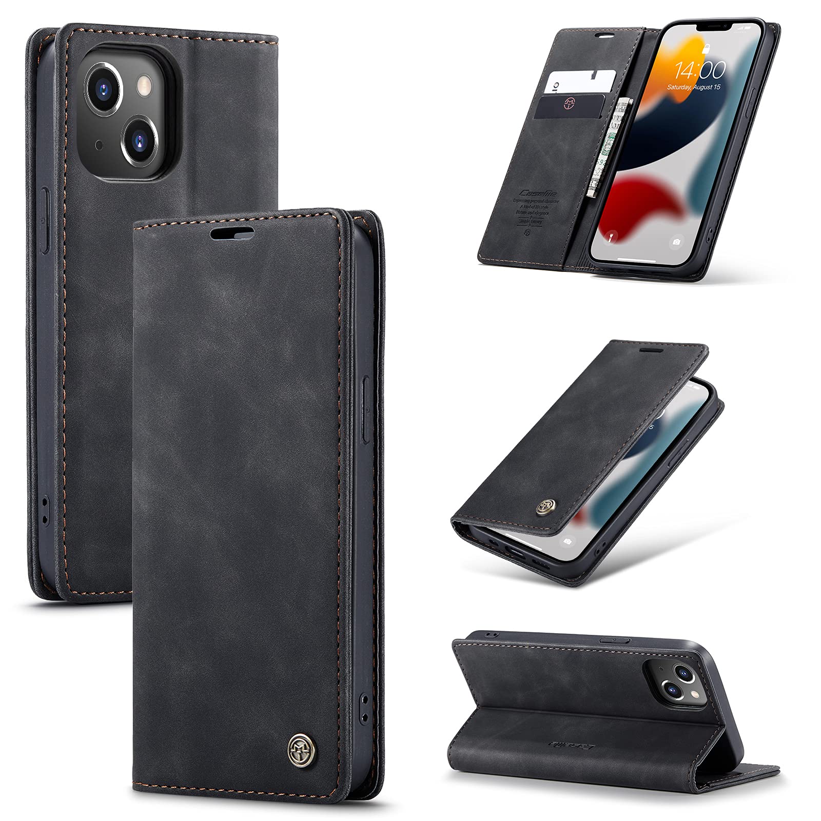 UFinetech Case for iPhone 13, Shockproof Anti-scratch Cover Compatible with iPhone 13 (6.1”), Leather TPU Slim Soft Flip Folio Magnetic Closure Kickstand Card Holder Wallet Camera Protector, Black — image 1