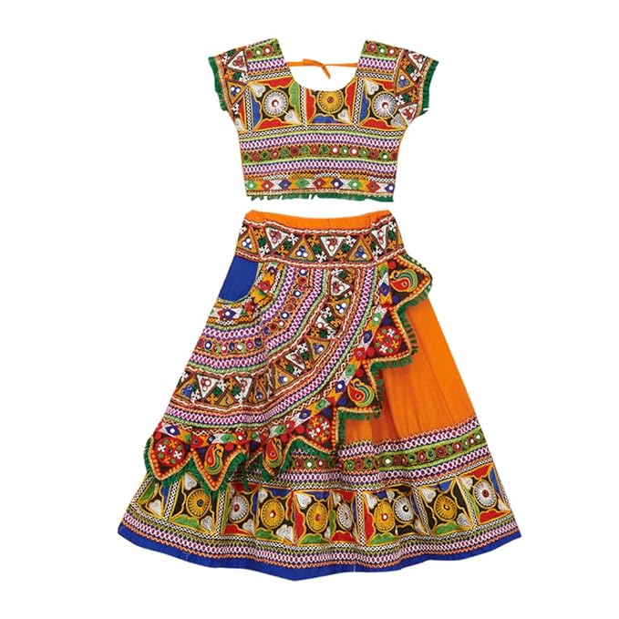 Banjara By Hopscotch Girls 100% Cotton Kutchi Embroidered Chaniya Choli in Orange Color
